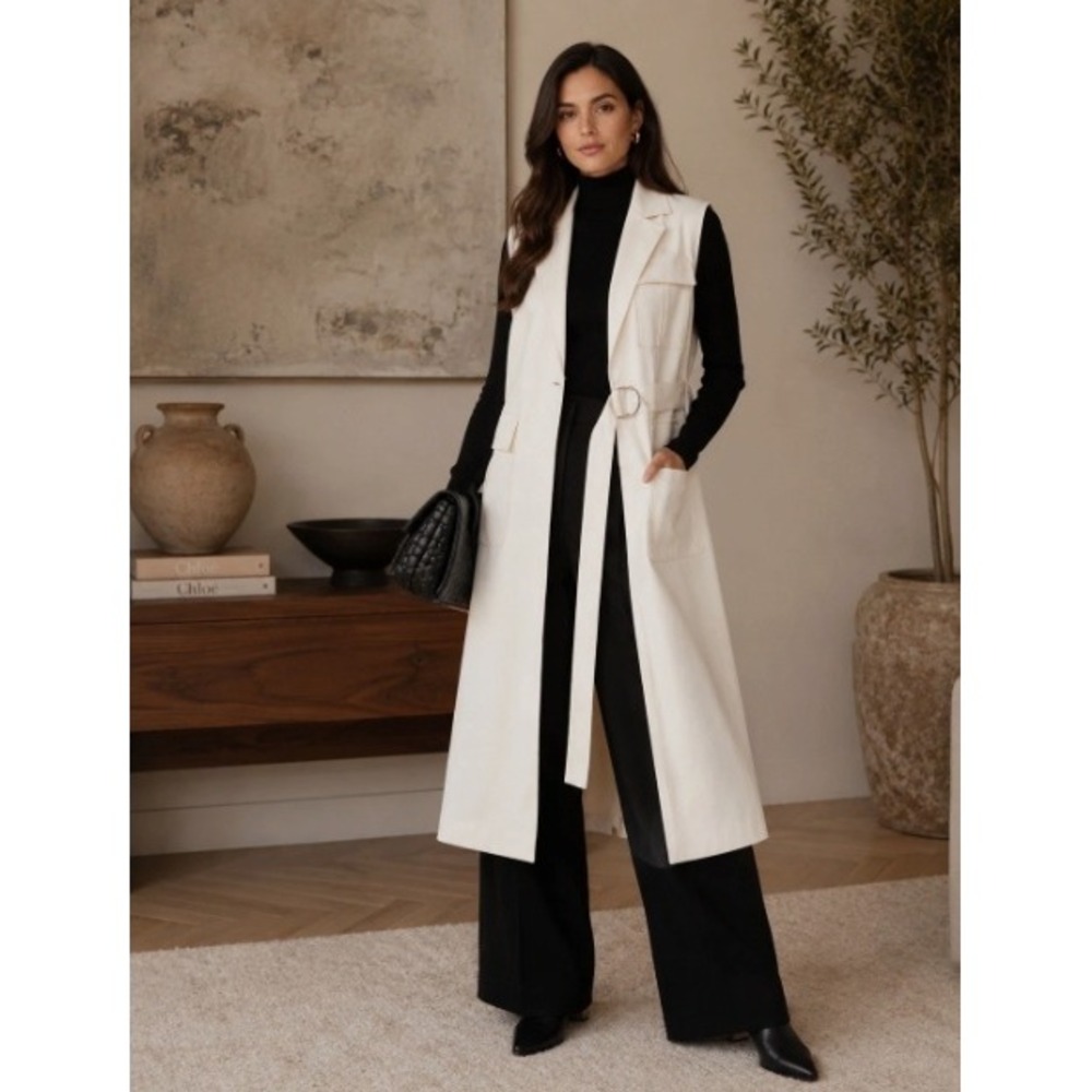 Marina Moscone Women Cream Long Sleeveless Vest Size M Belt Minimalist Luxury - Picture 1 of 11